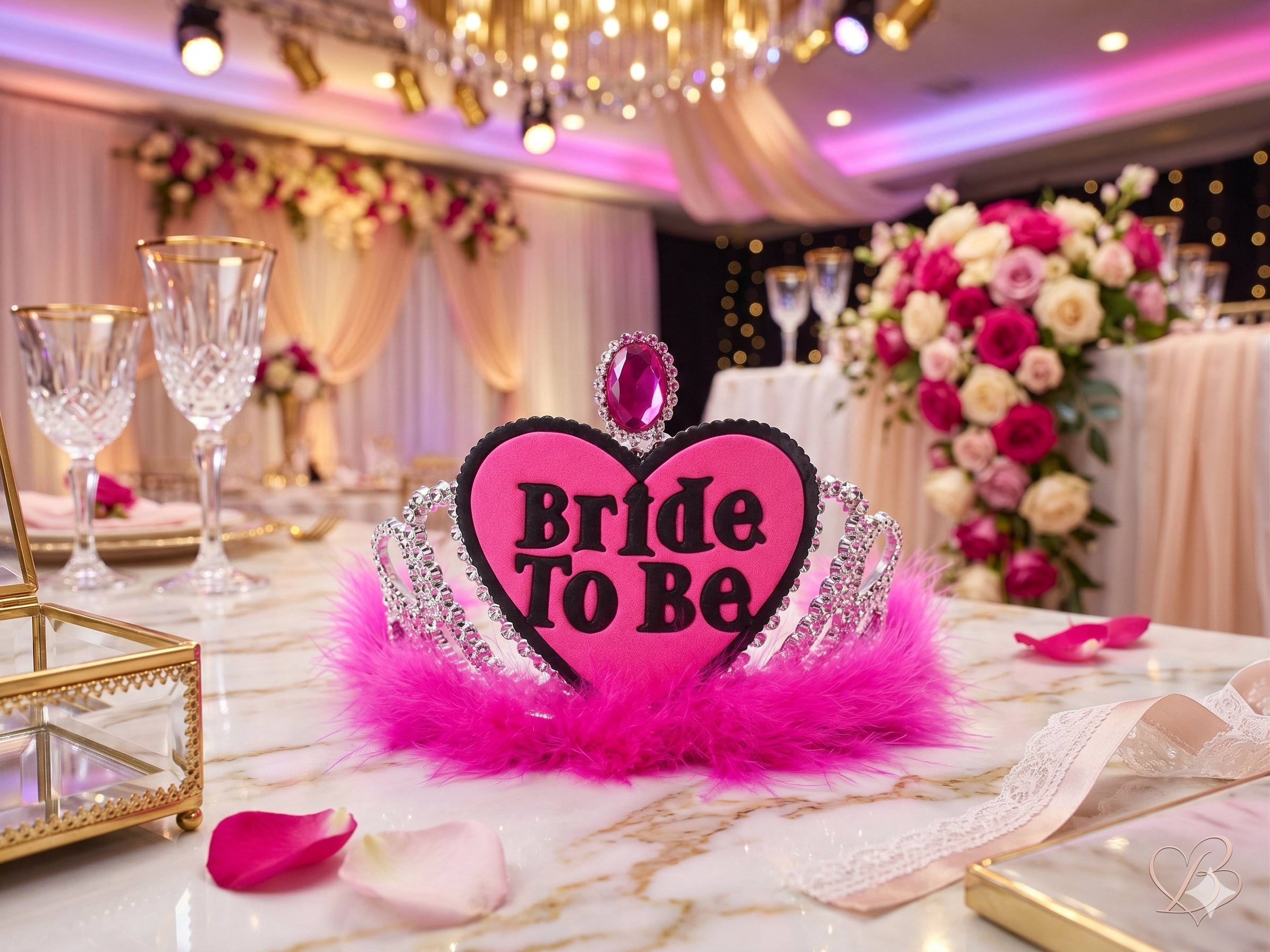 Taç Bride To Be fuşya tüylüve kalpli
