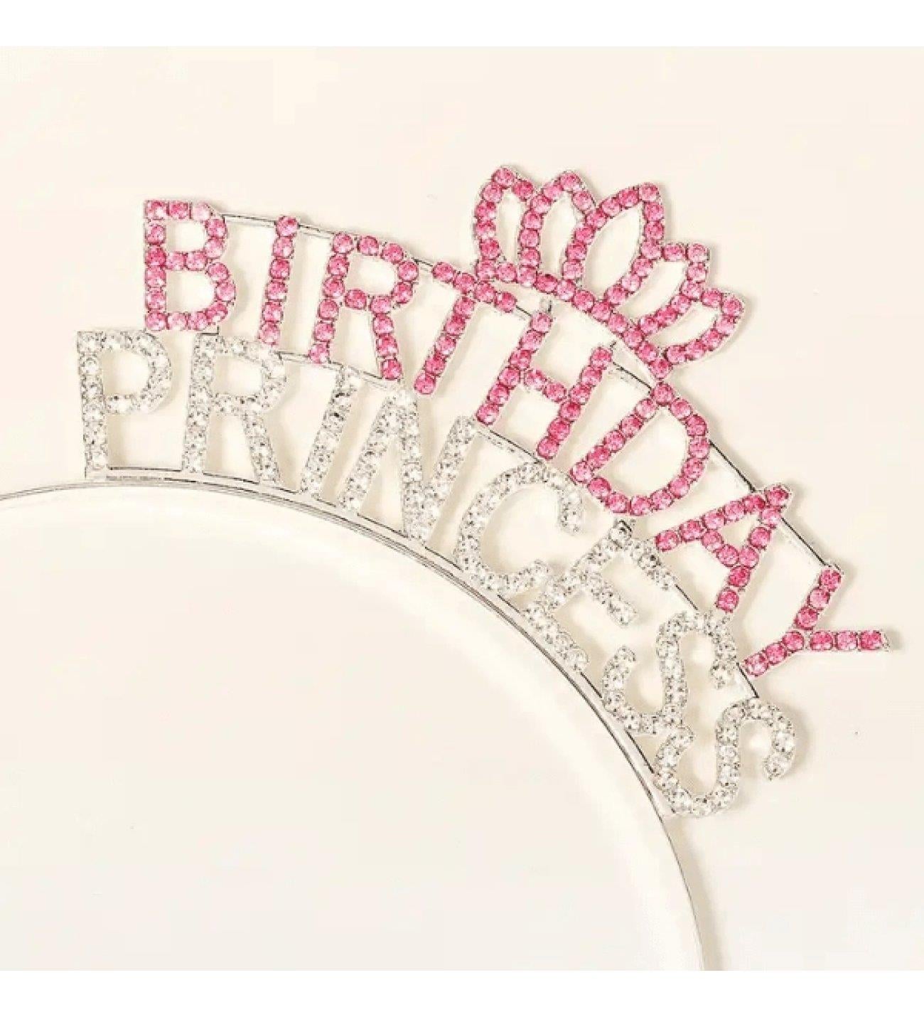 Taç Metal Taşlı Birthday Princess yazılı Gümüş-pembe renkli lüks doğum günü tacı