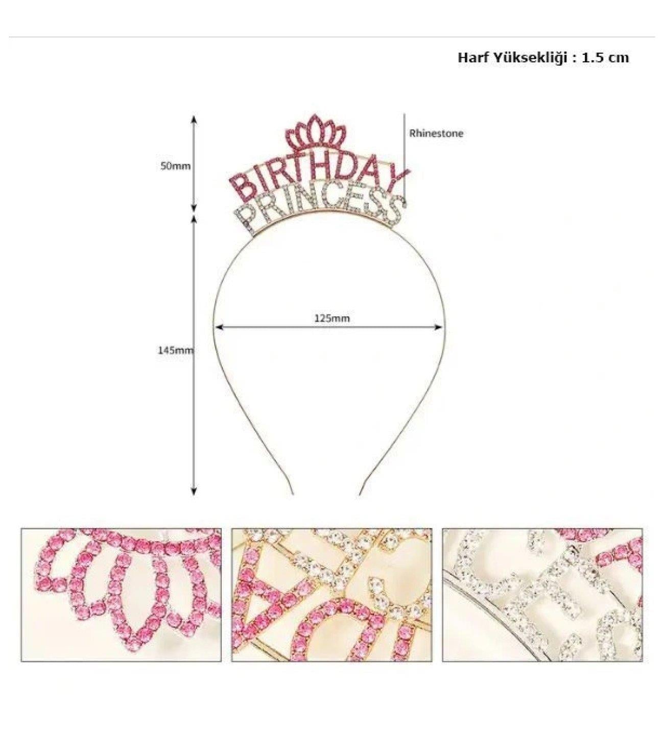 Taç Metal Taşlı Birthday Princess yazılı Gümüş-pembe renkli lüks doğum günü tacı