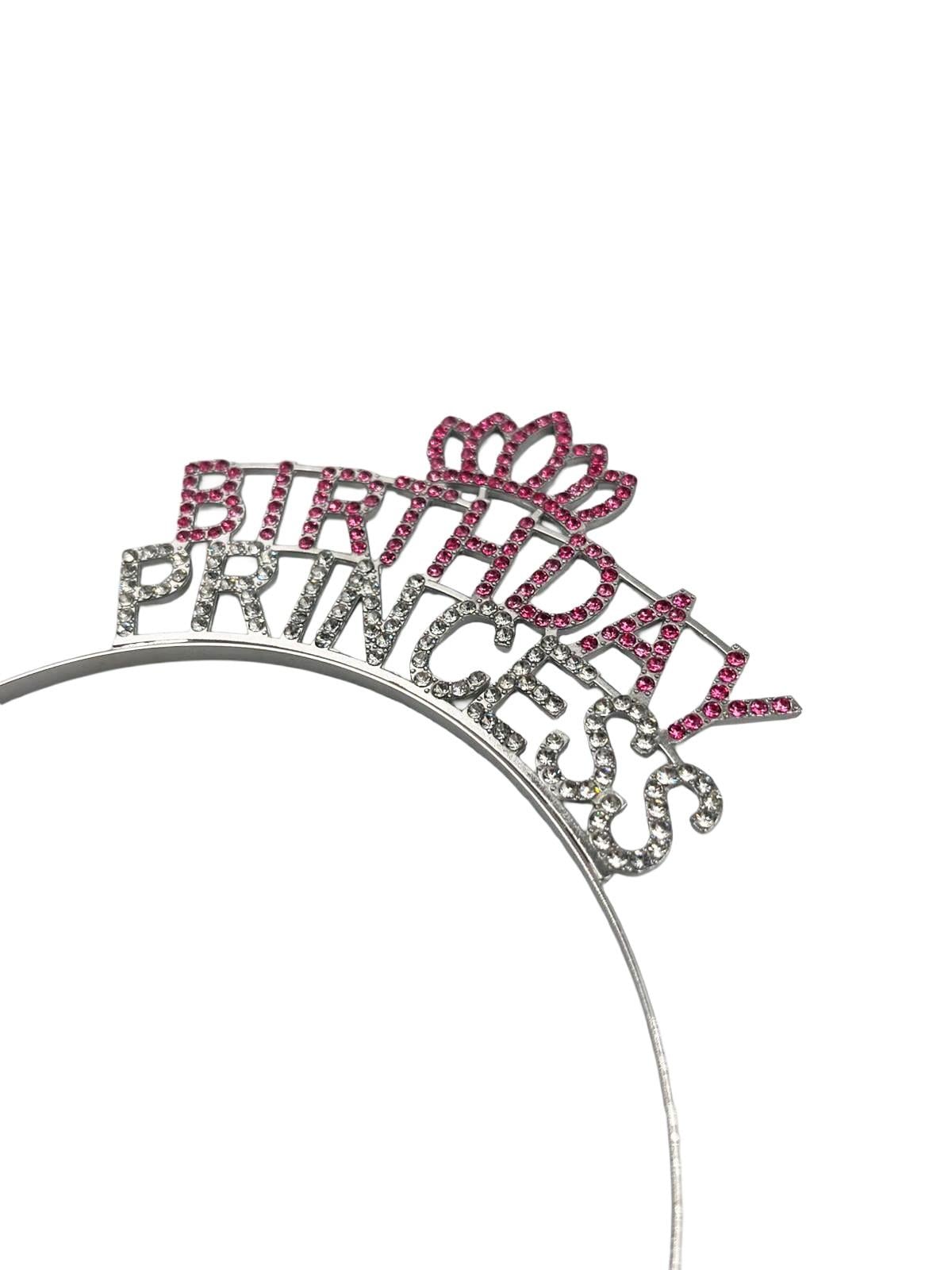 Taç Metal Taşlı Birthday Princess yazılı Gümüş-pembe renkli lüks doğum günü tacı