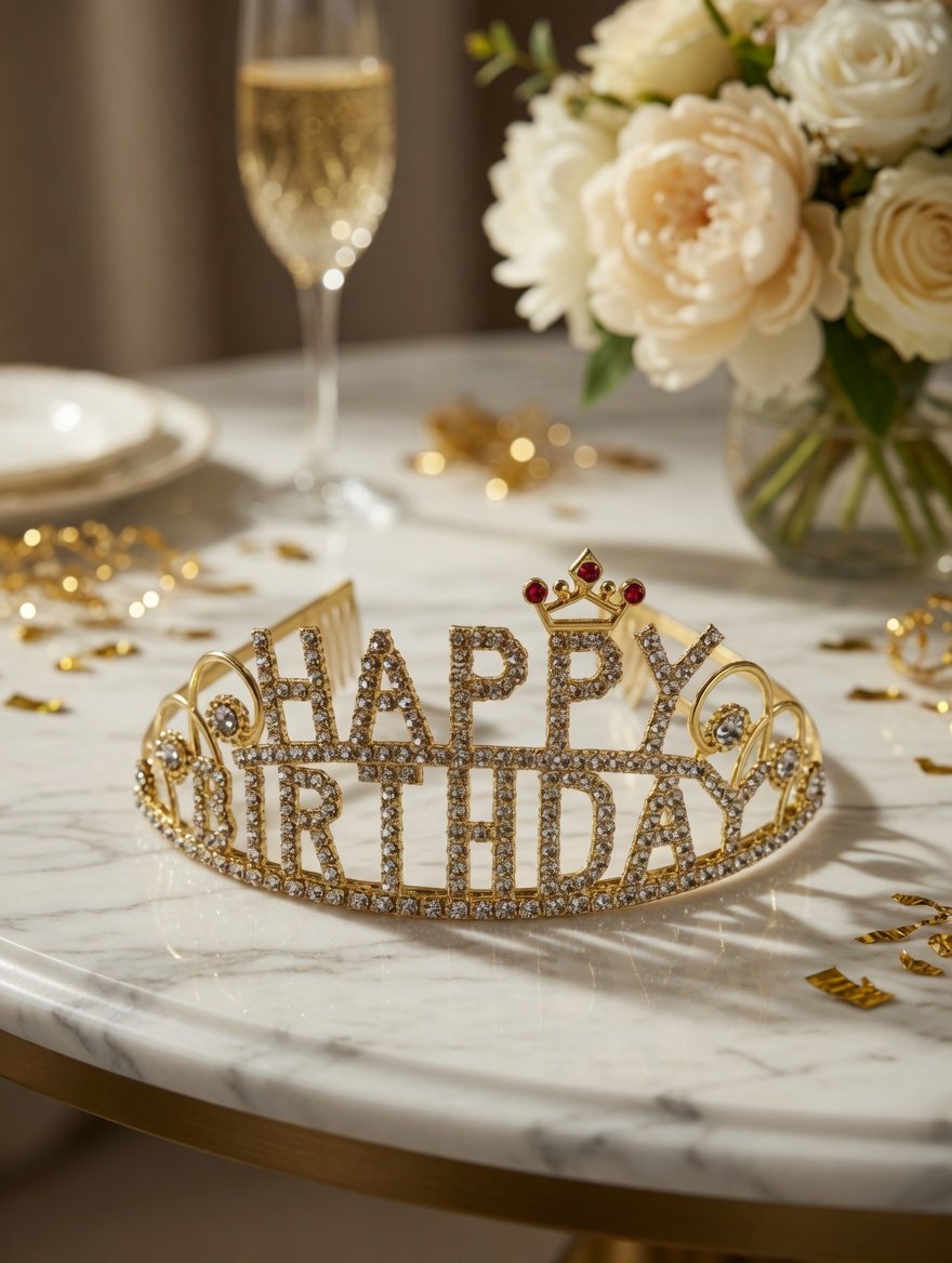 Taç Metal Taşlı Happy Birth.Gold Yıldızlı Lüks üst