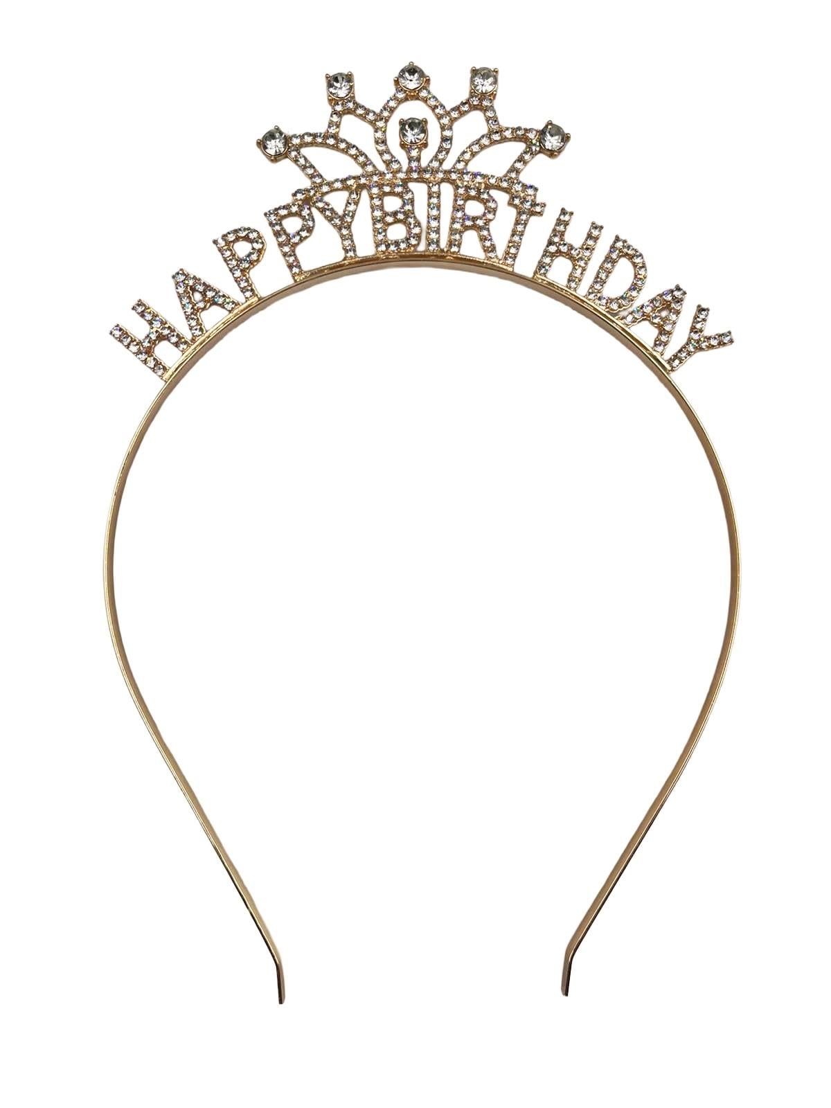 Taç Metal Taşlı Happy Birthday Taç görselli İşlemeli Altın renkli  doğum günü tacı