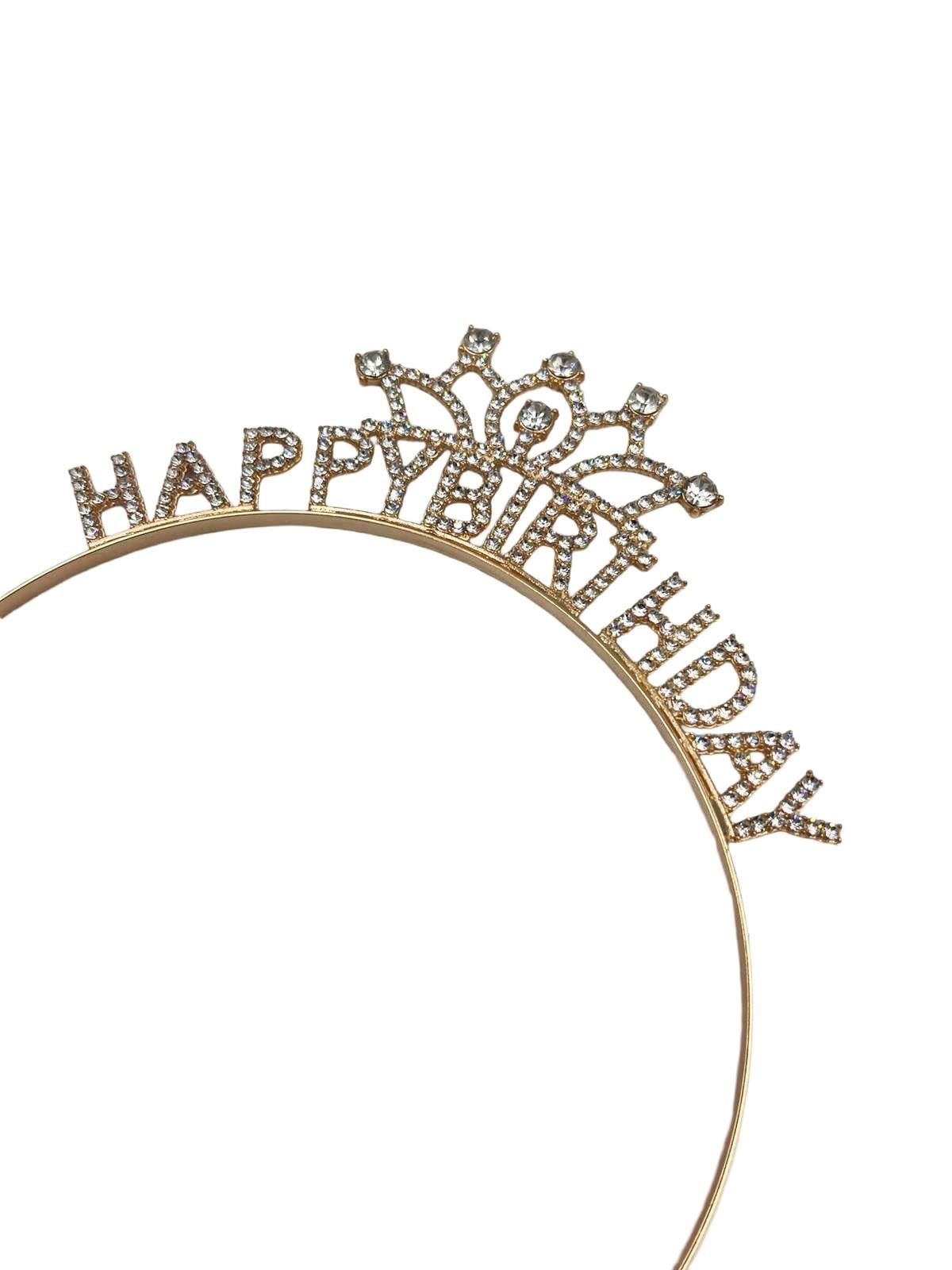 Taç Metal Taşlı Happy Birthday Taç görselli İşlemeli Altın renkli  doğum günü tacı