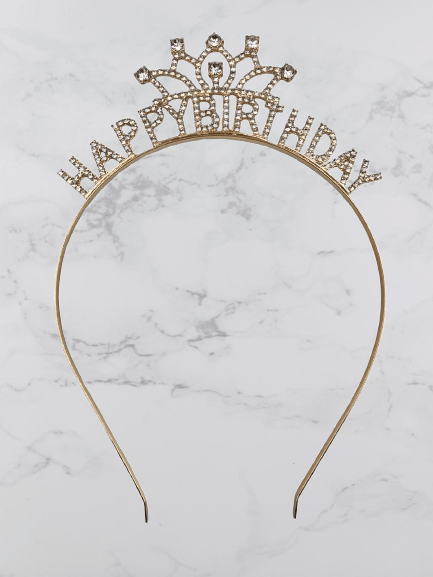 Taç Metal Taşlı Happy Birthday Taç görselli İşlemeli Altın renkli  doğum günü tacı