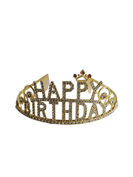 Taç Metal Taşlı Happy Birthday Yazılı Gold -Altın renk Yıldızlı Lüks geçmeli parti tacı