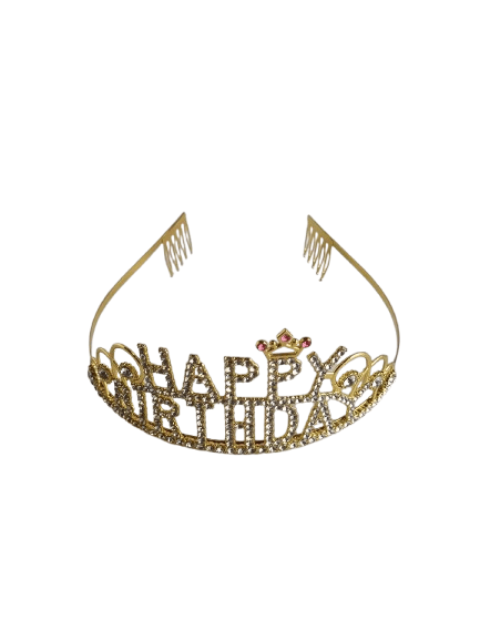 Taç Metal Taşlı Happy Birthday Yazılı Gold -Altın renk Yıldızlı Lüks geçmeli parti tacı