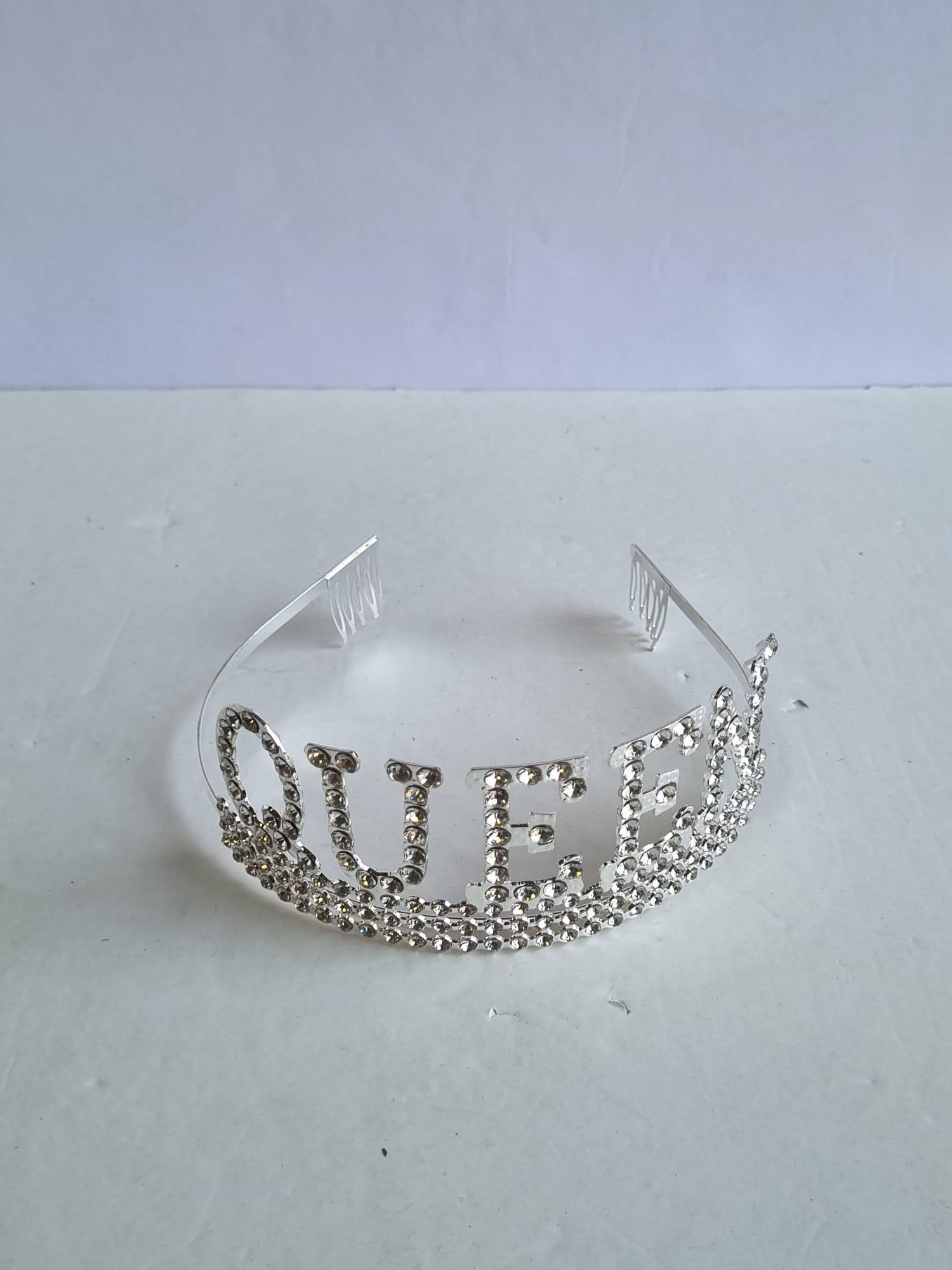 Taç Metal Taşlı Queen Lüks Gümüş üstten geçmeli lüks parti tacı