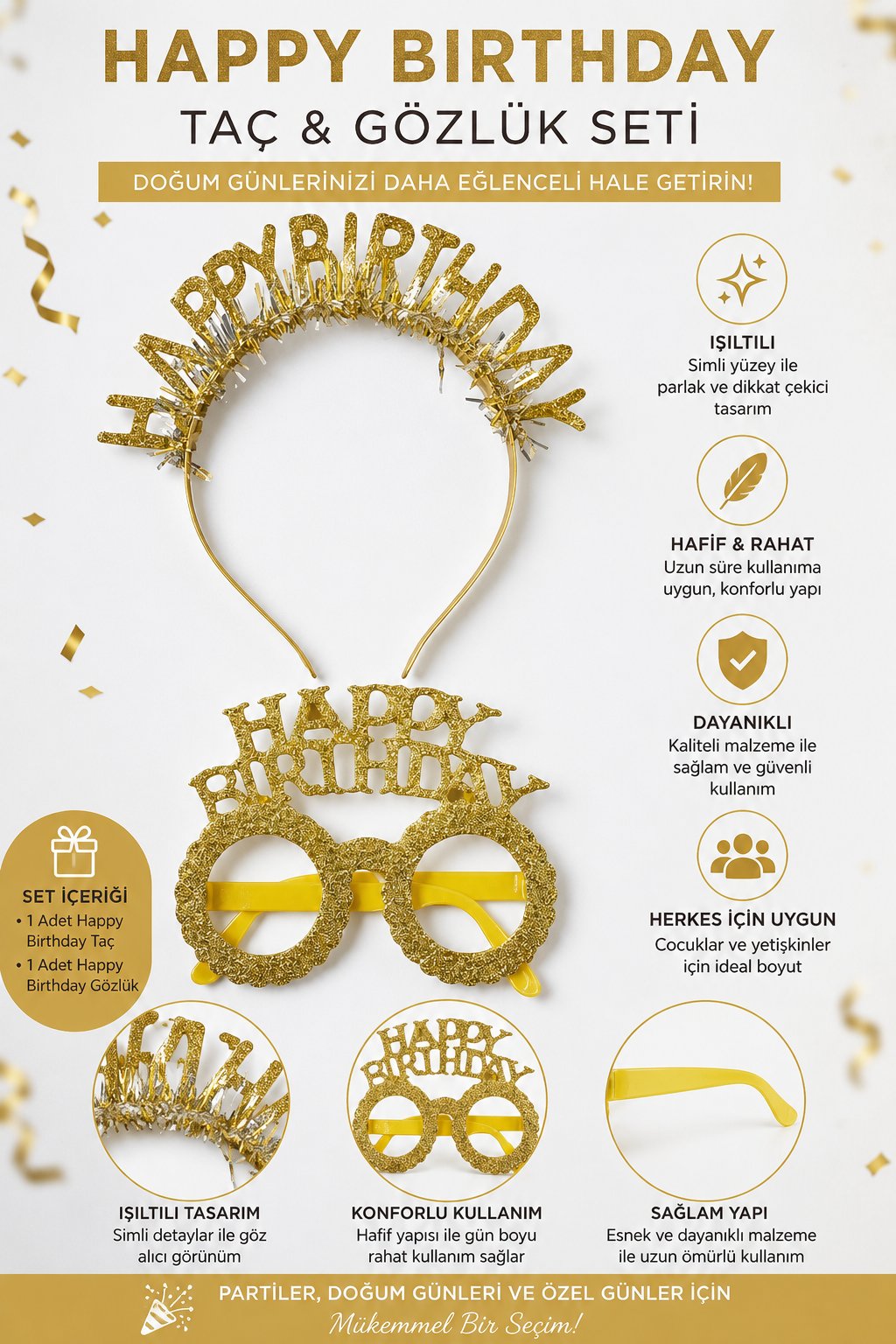 Taç Plastik Taç-Gözlük Set Happy Birth-Simli GOLD