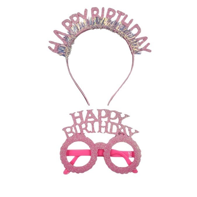 Taç Plastik Taç-Gözlük Set Happy Birth-Simli Pembe