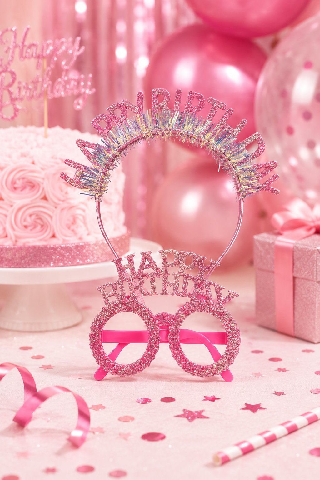 Taç Plastik Taç-Gözlük Set Happy Birth-Simli Pembe