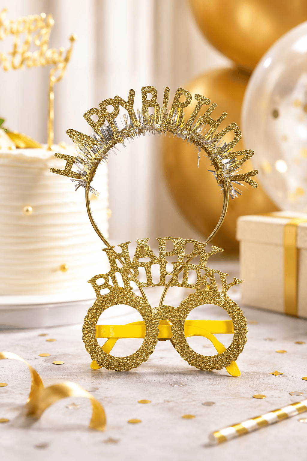 Taç Plastik Taç-Gözlük Set Happy Birth-Simli GOLD