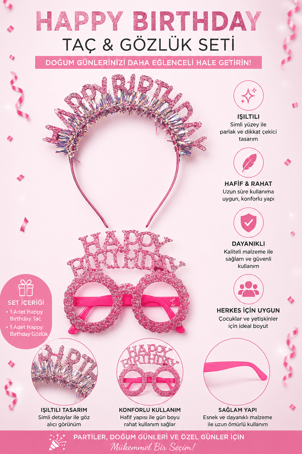 Taç Plastik Taç-Gözlük Set Happy Birth-Simli Pembe