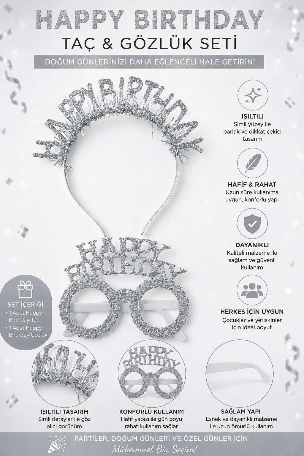 Taç Plastik Taç-Gözlük Set Happy Birth-Simli GÜMÜŞ