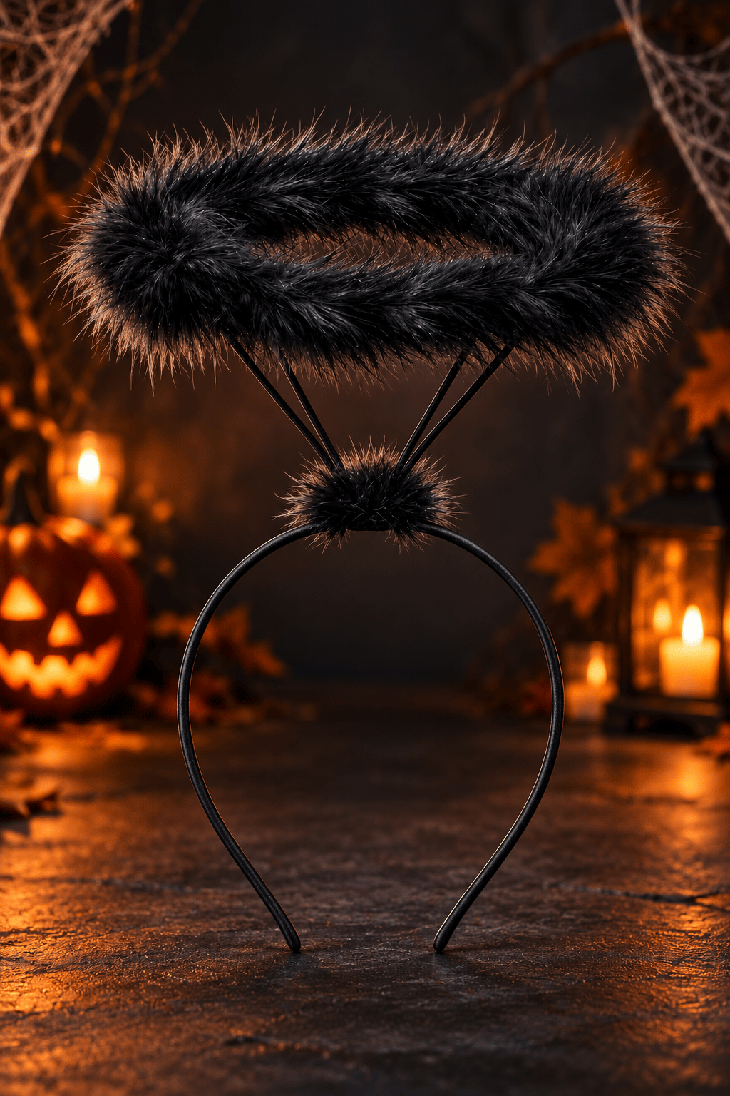 Taç Siyah Melek Taç Üstten Hareli Halkalı Tüylü Simli Halloween