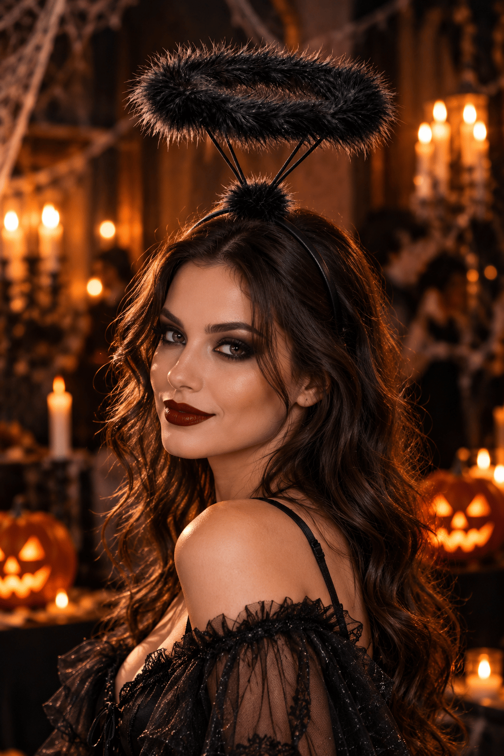 Taç Siyah Melek Taç Üstten Hareli Halkalı Tüylü Simli Halloween