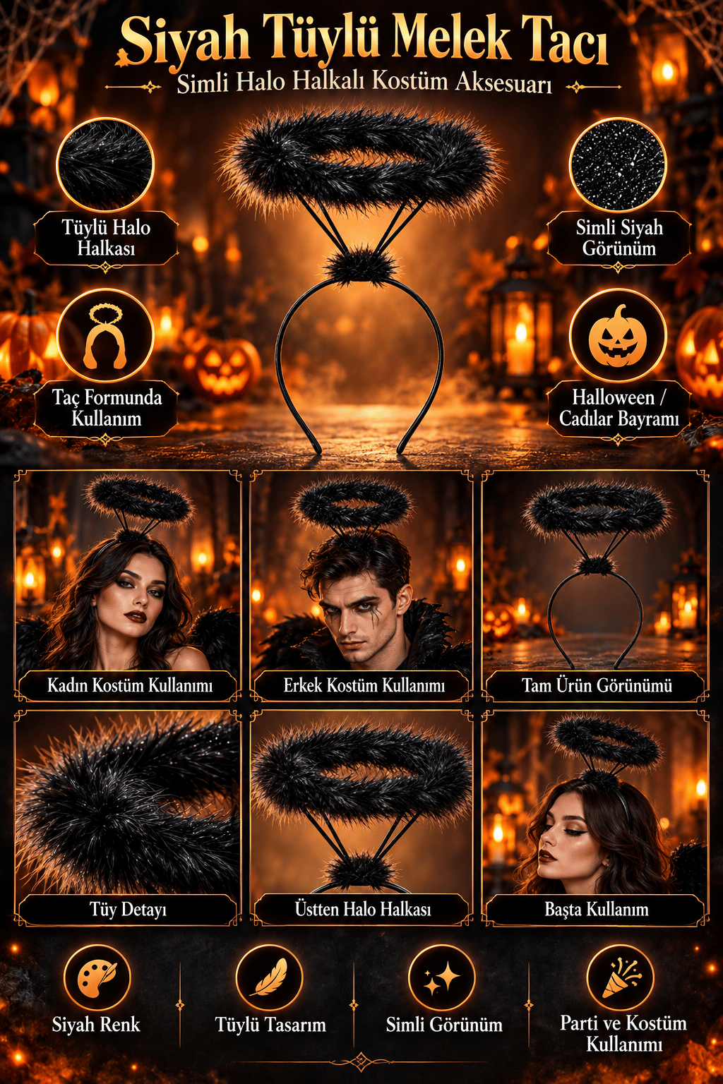 Taç Siyah Melek Taç Üstten Hareli Halkalı Tüylü Simli Halloween