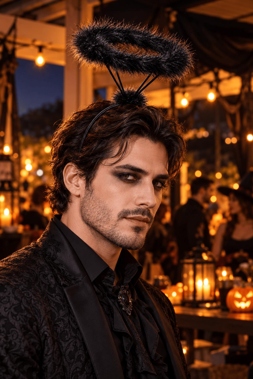 Taç Siyah Melek Taç Üstten Hareli Halkalı Tüylü Simli Halloween