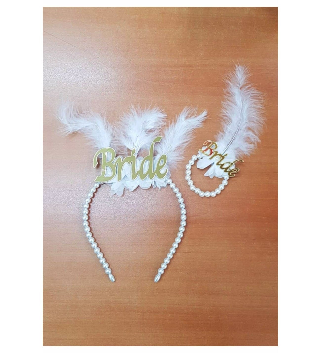 Taç ve Bileklik seti BRİDE İncili Tüylü GOLD