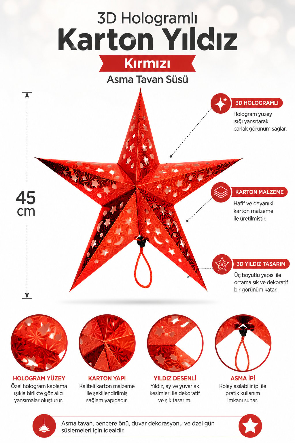 Tavan Süsü Karton Yıldız 3D Helogramlı 45 Cm Kırmızı