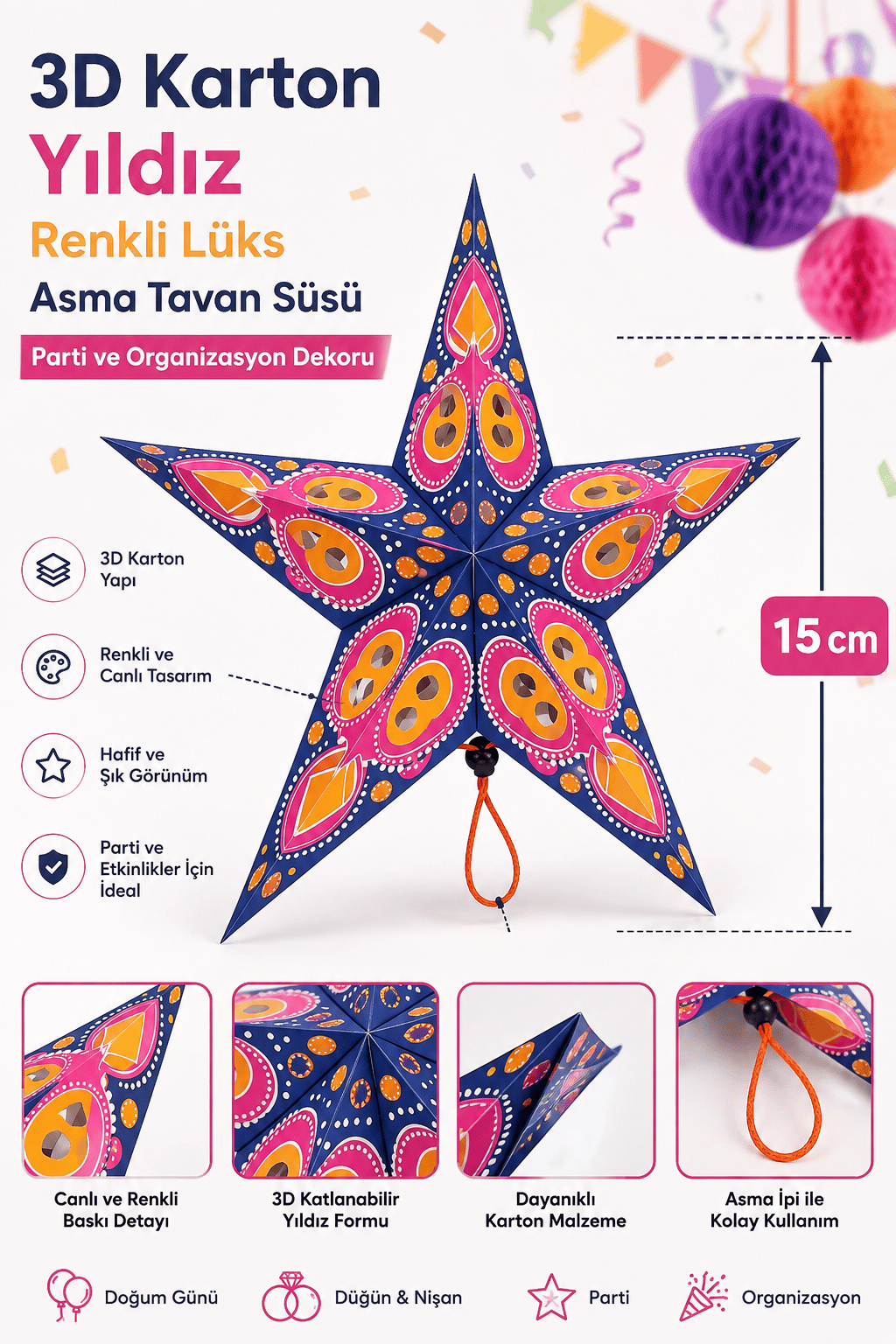 Tavan Süsü Karton Yıldız 3D renkli lüks 15 cm