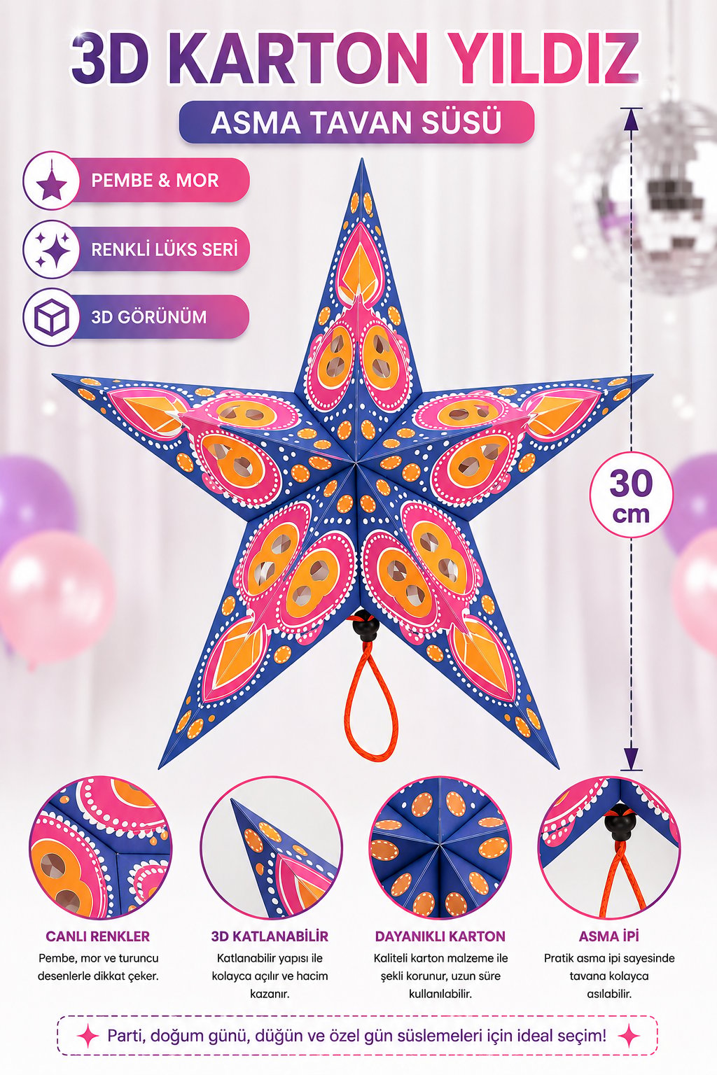 Tavan Süsü Karton Yıldız 3D renkli lüks 30cm pembe mor