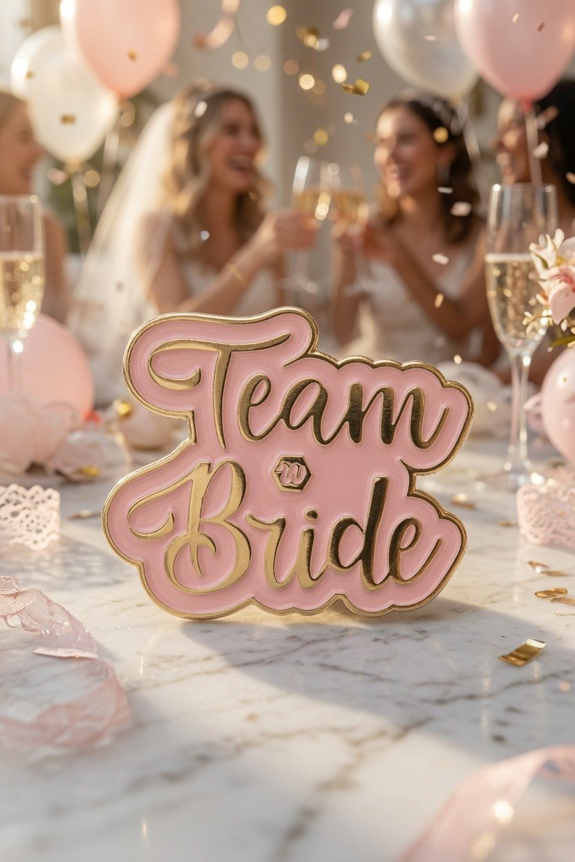 Team bride yaka rozeti pembe üstü gold yazı