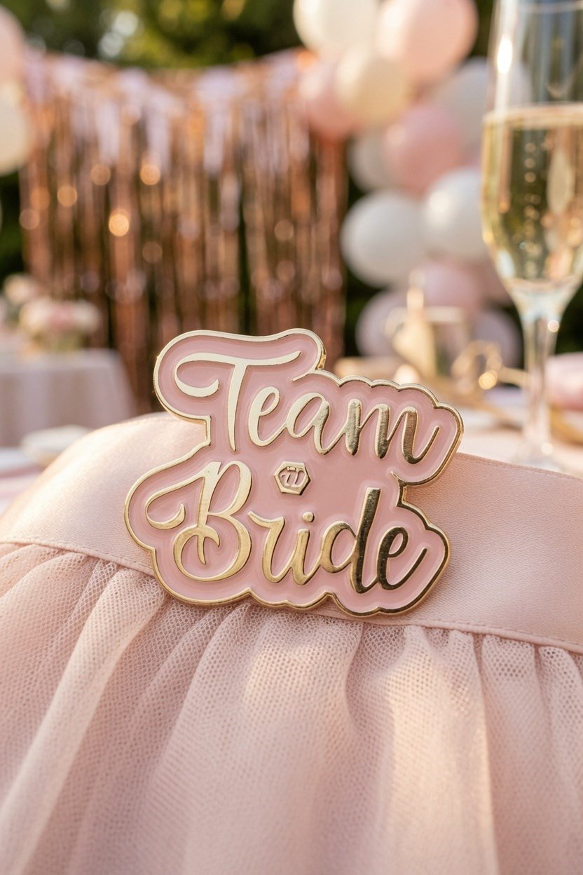 Team bride yaka rozeti pembe üstü gold yazı