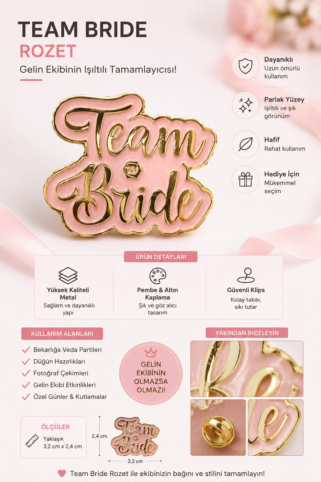 Team bride yaka rozeti pembe üstü gold yazı