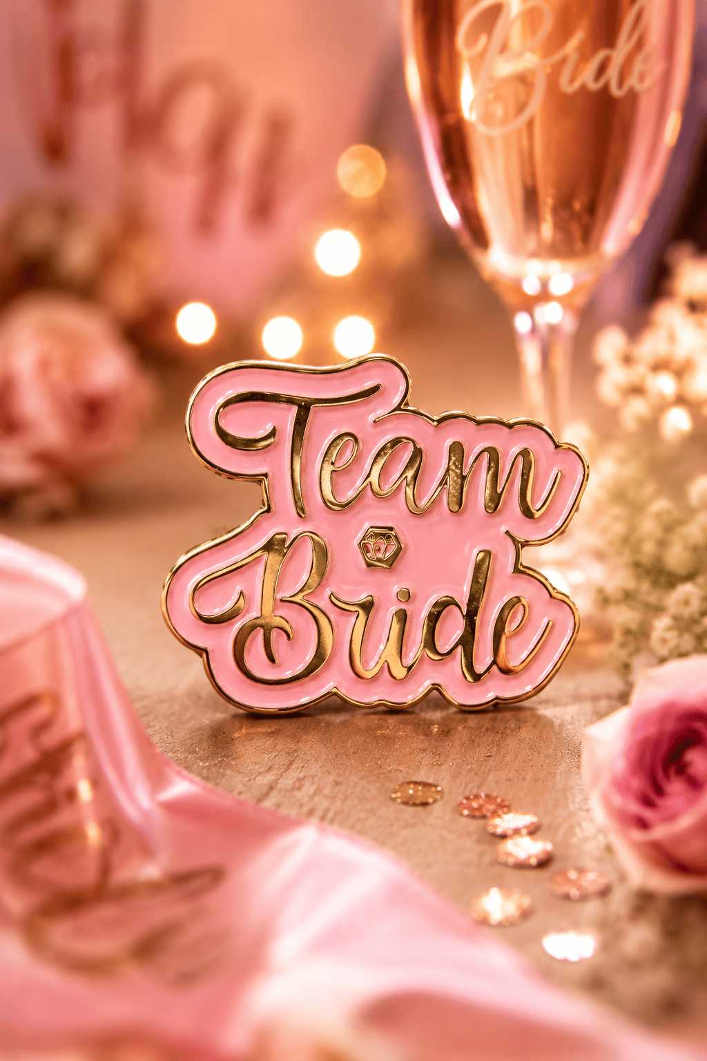 Team bride yaka rozeti pembe üstü gold yazı