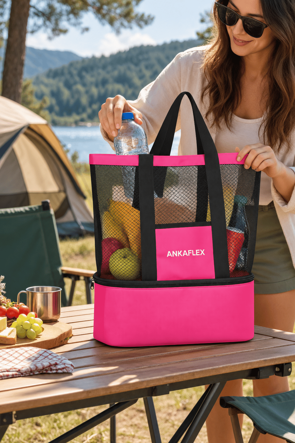 Termoslu Soğuk Tutucu Fileli Piknik Kamp  Plaj Çantası PEMBE