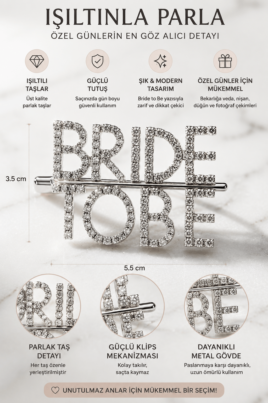 Toka Bride tobe yazılı gümüş parlak taşlı toka