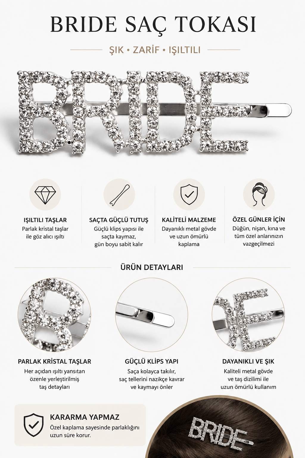 Toka Bride yazılı gümüş parlak taşlı toka