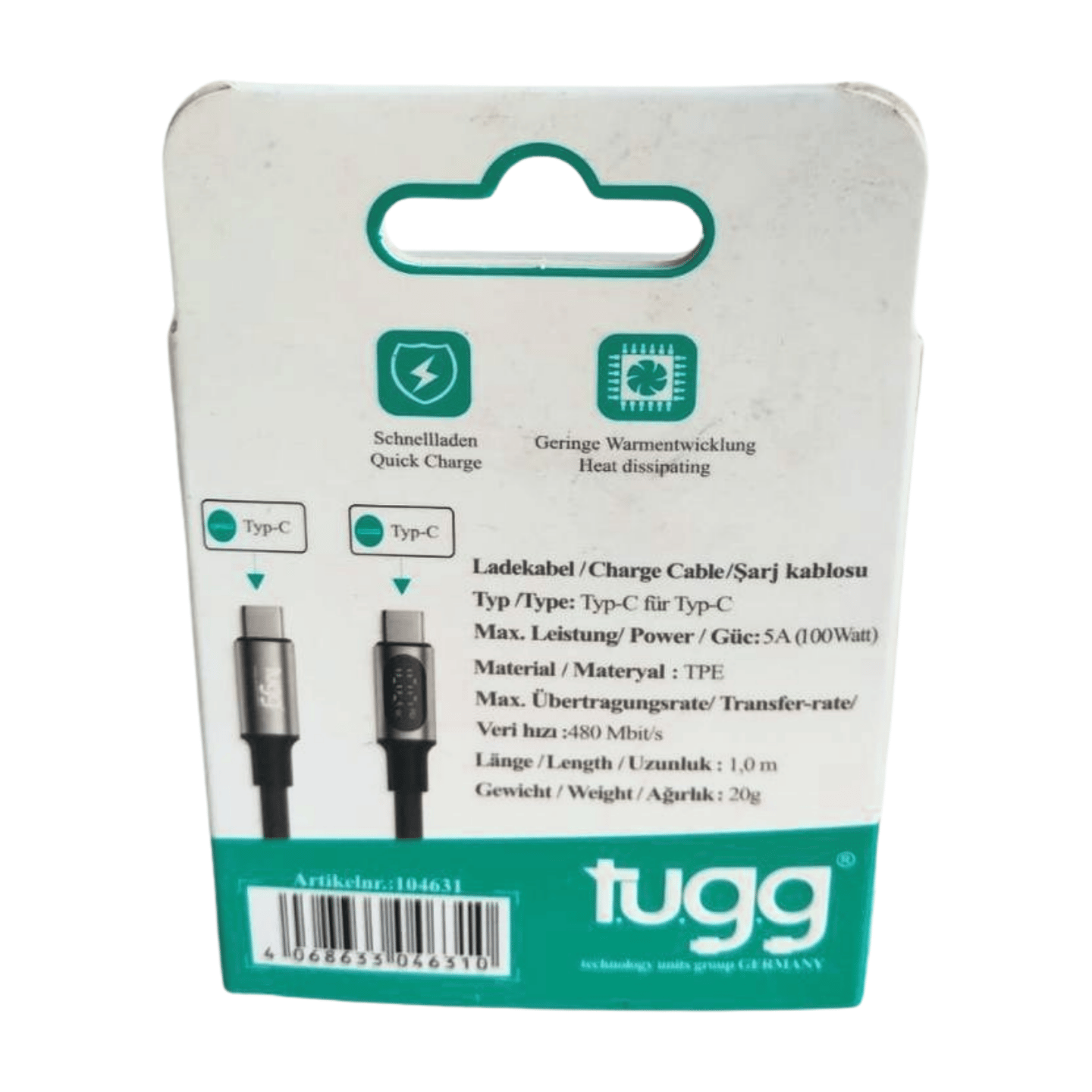 Tugg Germany Şarj Kablosu 100w Göstergeli Type-C - Type-C 104631