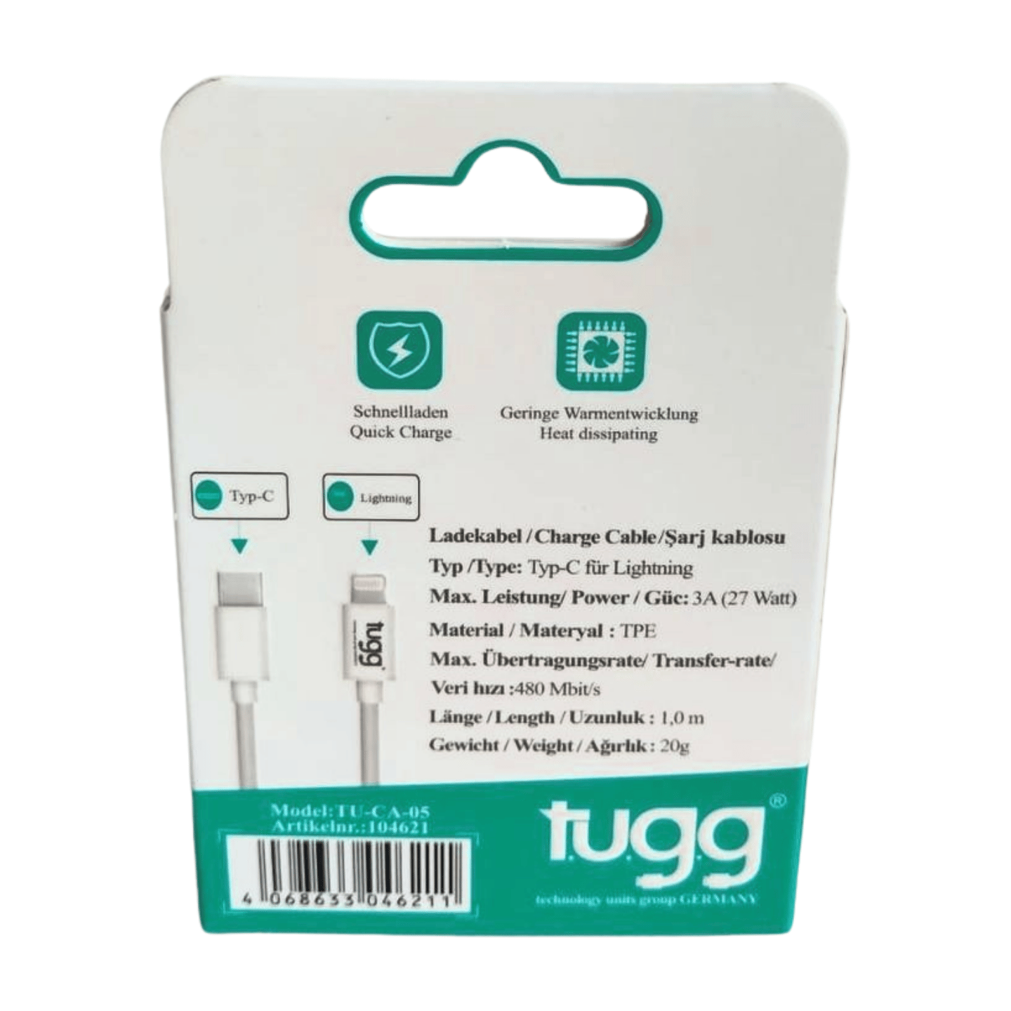 Tugg Germany Şarj Kablosu Veri Aktarım Kablosu Ultra Hızlı Type-C to Lightning 104621