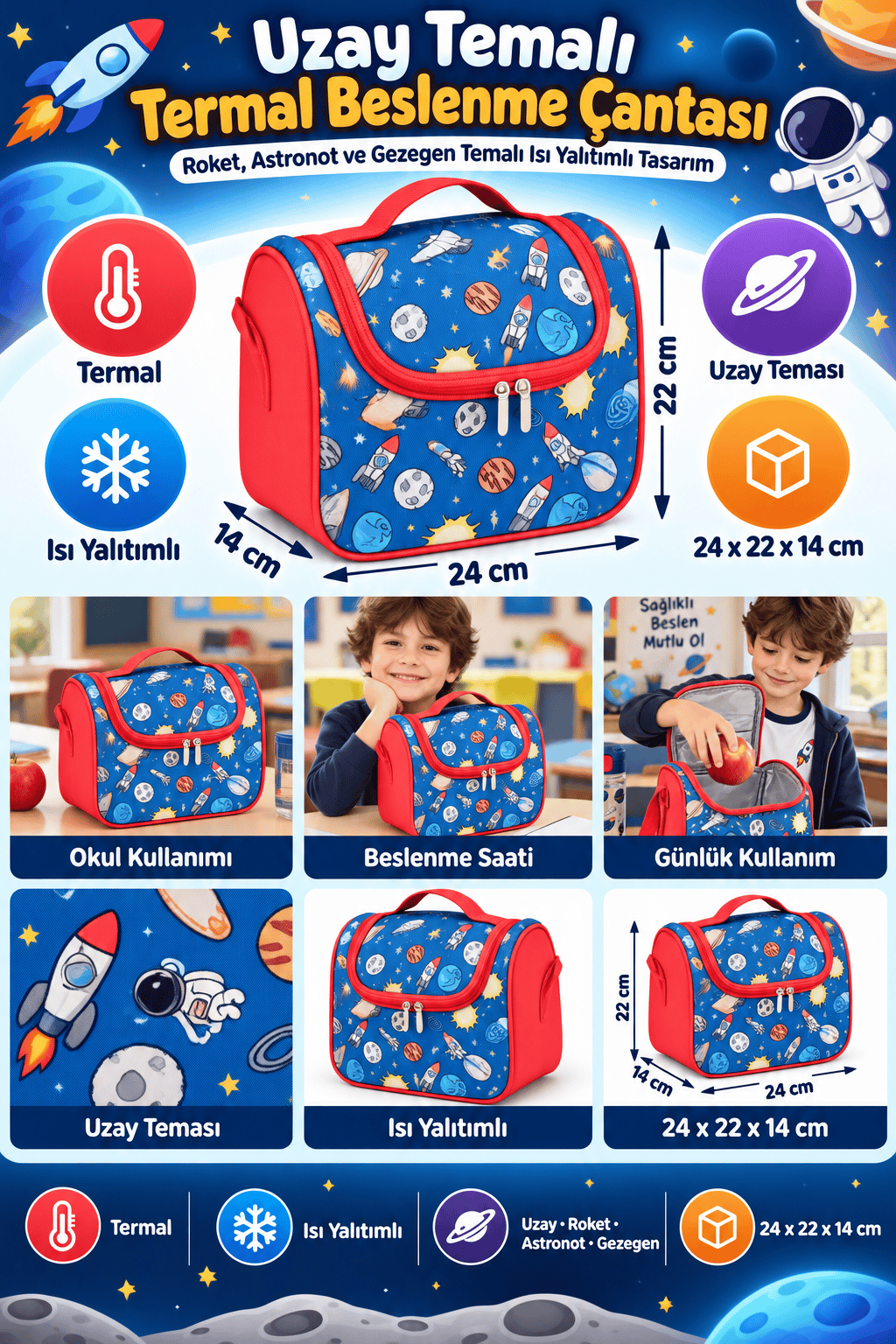 Uzay Roket Astronot Gezegen Termal Beslenme Çantası Isı Yalıtımlı Çocuk Okul 24x22x14 cm