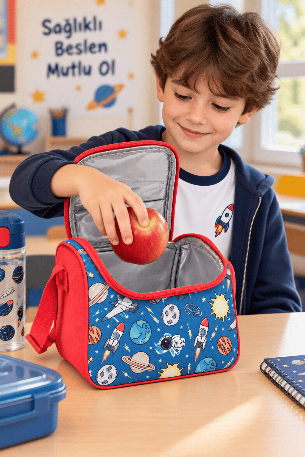 Uzay Roket Astronot Gezegen Termal Beslenme Çantası Isı Yalıtımlı Çocuk Okul 24x22x14 cm