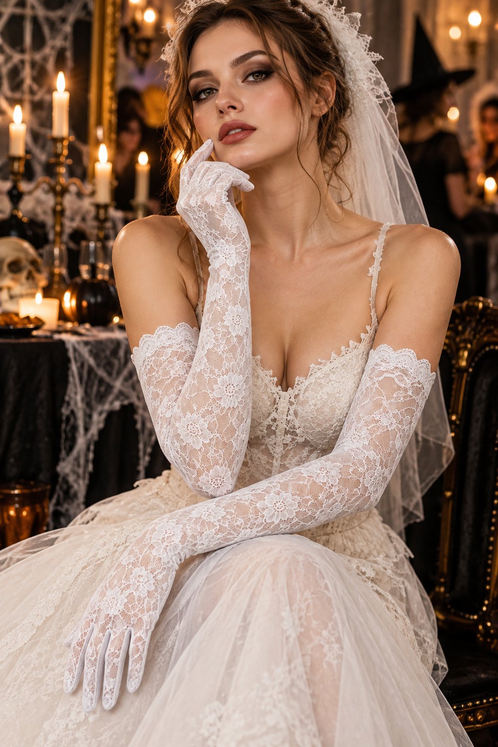 Uzun Dantel Eldiven Beyaz Kadın Dirsek Üstü Çiçek Desenli Yılbaşı Halloween bride