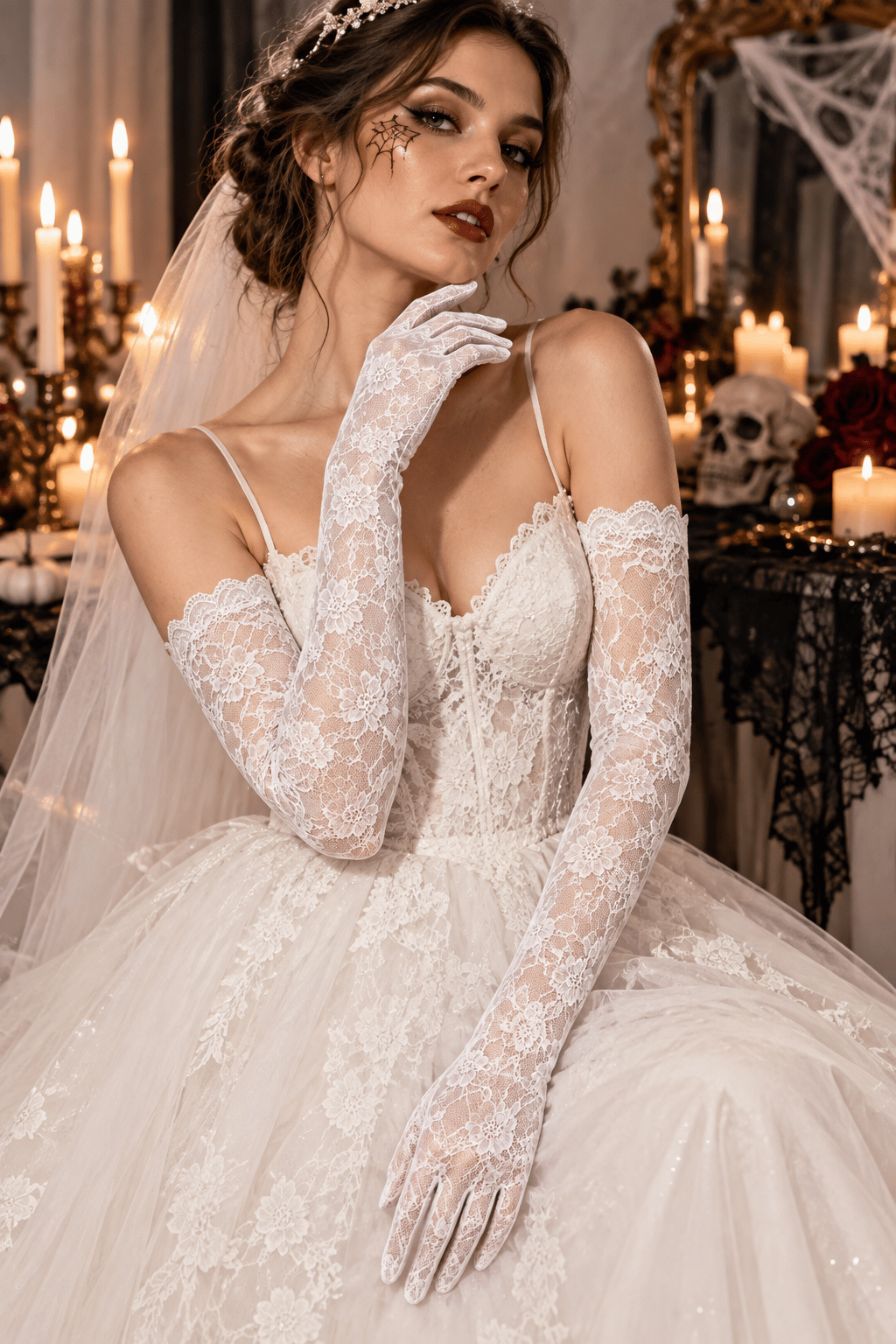 Uzun Dantel Eldiven Beyaz Kadın Dirsek Üstü Çiçek Desenli Yılbaşı Halloween bride