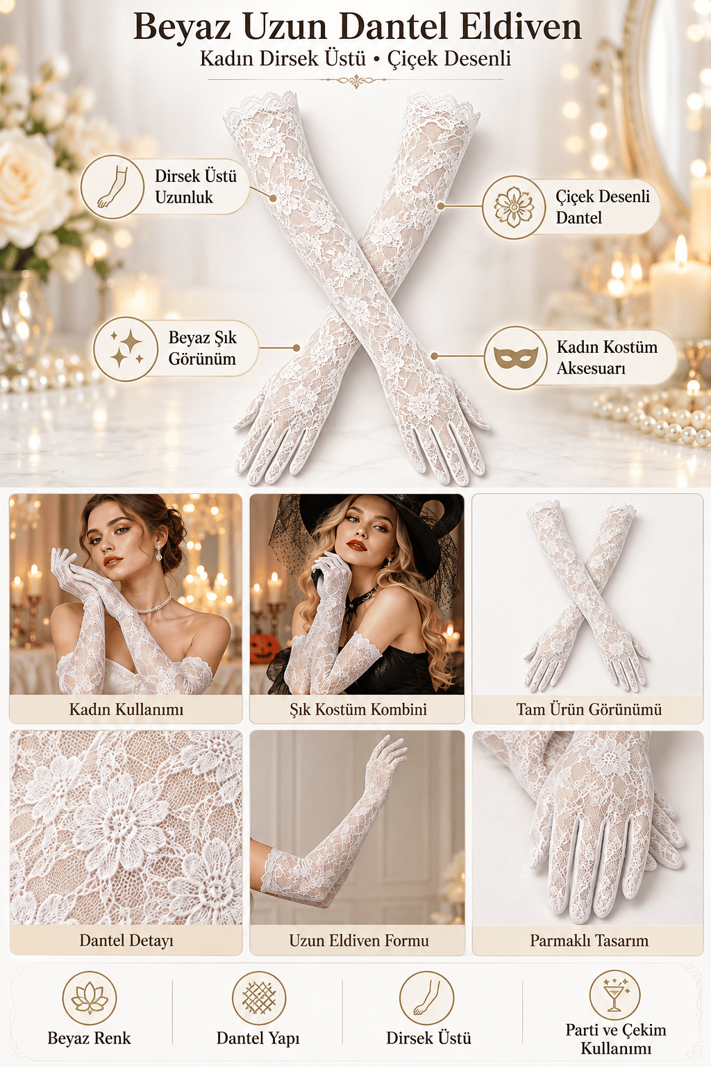 Uzun Dantel Eldiven Beyaz Kadın Dirsek Üstü Çiçek Desenli Yılbaşı Halloween bride