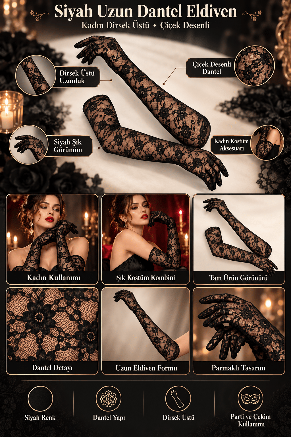 Uzun Dantel Eldiven Siyah Kadın Dirsek Üstü Çiçek Desenli Yılbaşı Halloween bride