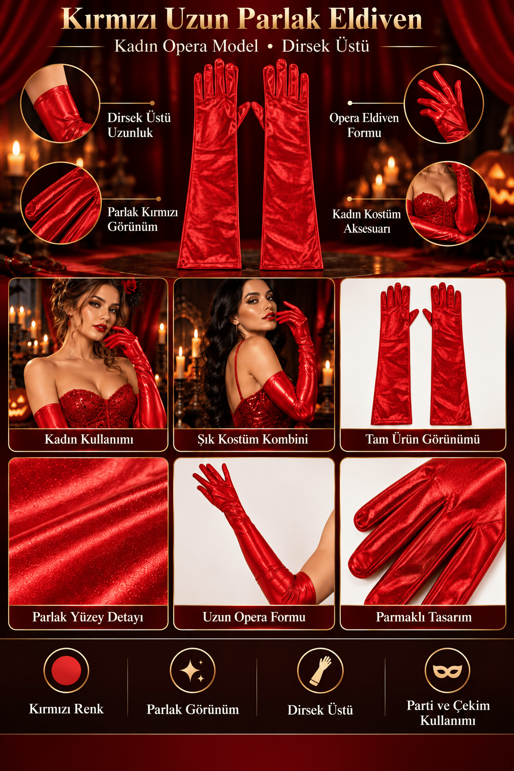 Uzun Parlak Eldiveni Kırmızı Opera Dirsek Üstü Parti Kostüm yılbaşı-halloween bride