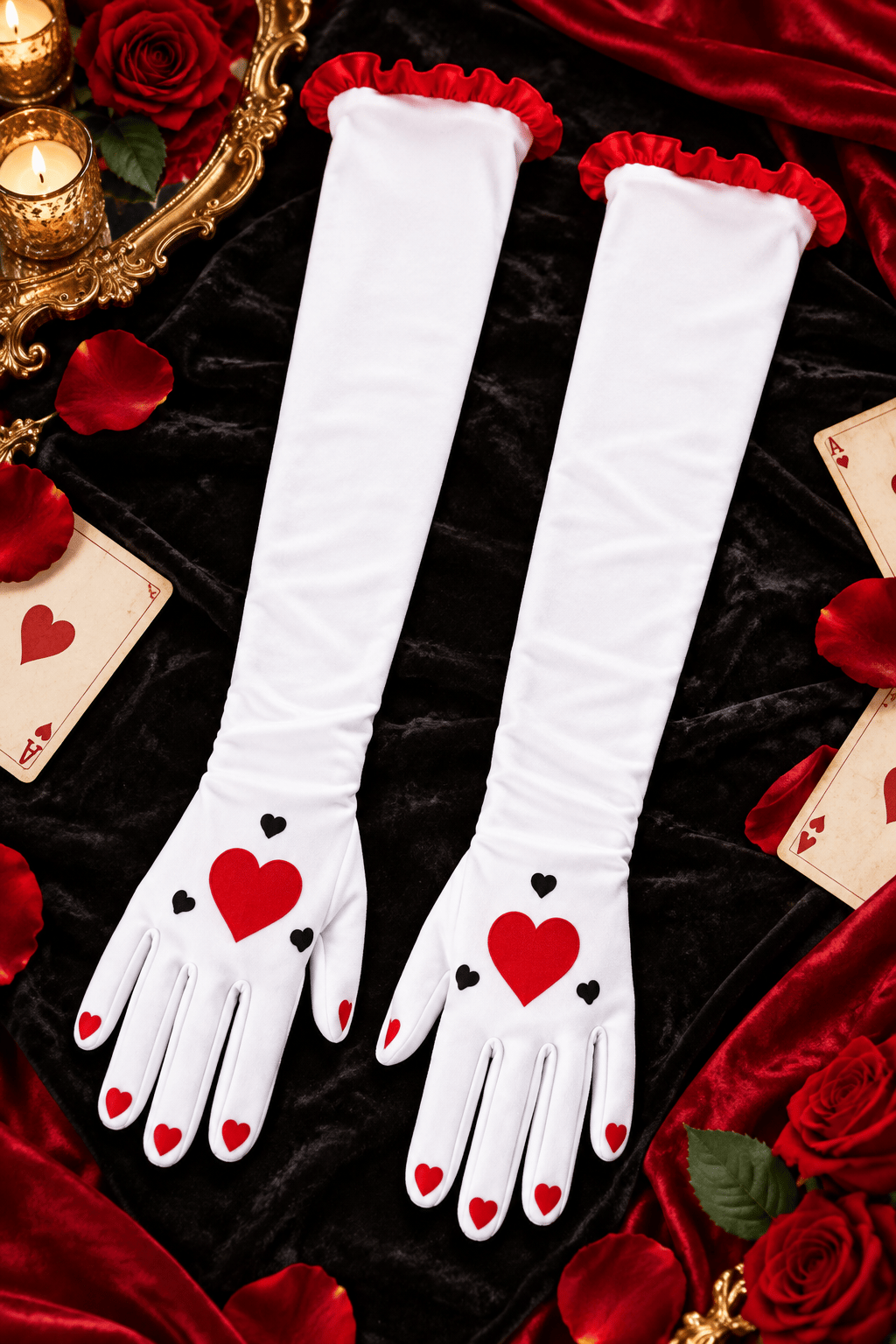 Uzun Parti Eldiveni Beyaz Kırmızı Kalp Desenli kostüm yılbaşı halloween bride