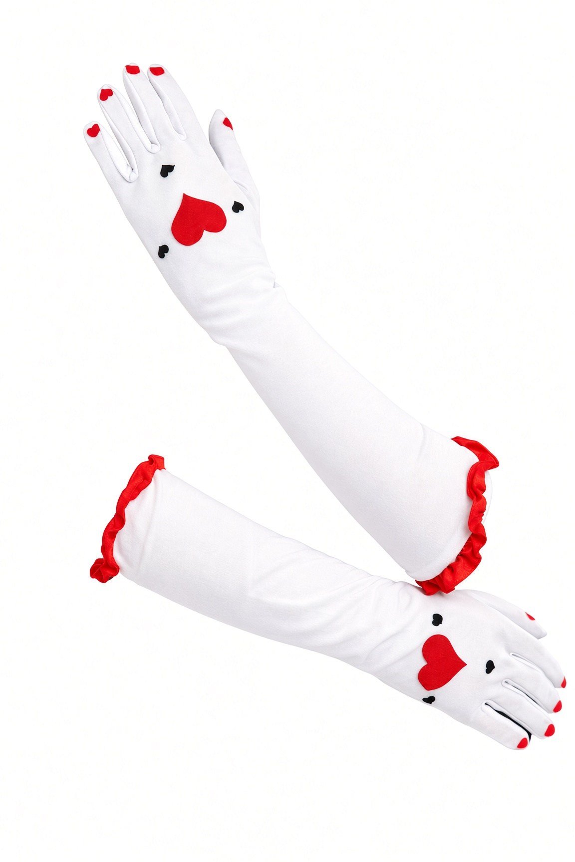 Uzun Parti Eldiveni Beyaz Kırmızı Kalp Desenli kostüm yılbaşı halloween bride