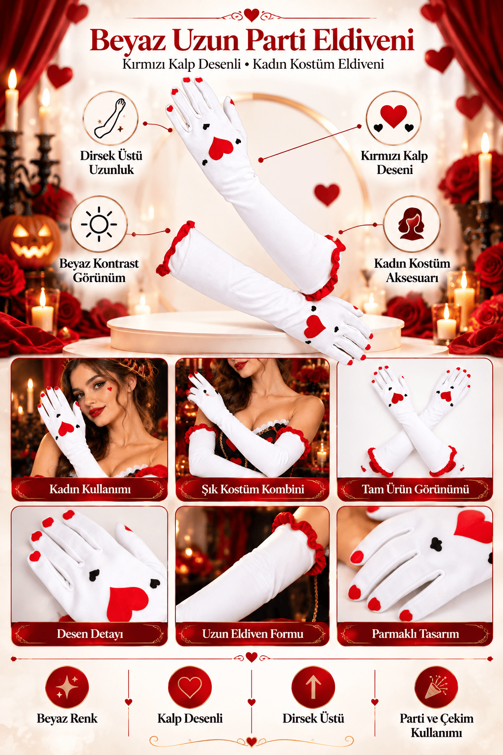 Uzun Parti Eldiveni Beyaz Kırmızı Kalp Desenli kostüm yılbaşı halloween bride