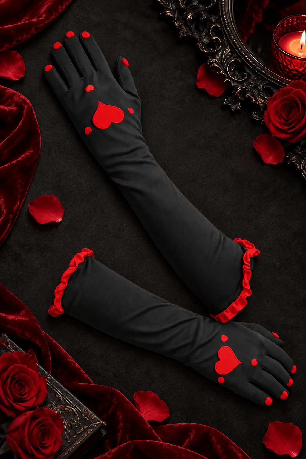 Uzun Parti Eldiveni Siyah Kırmızı Kalp Desenli kostüm yılbaşı halloween bride