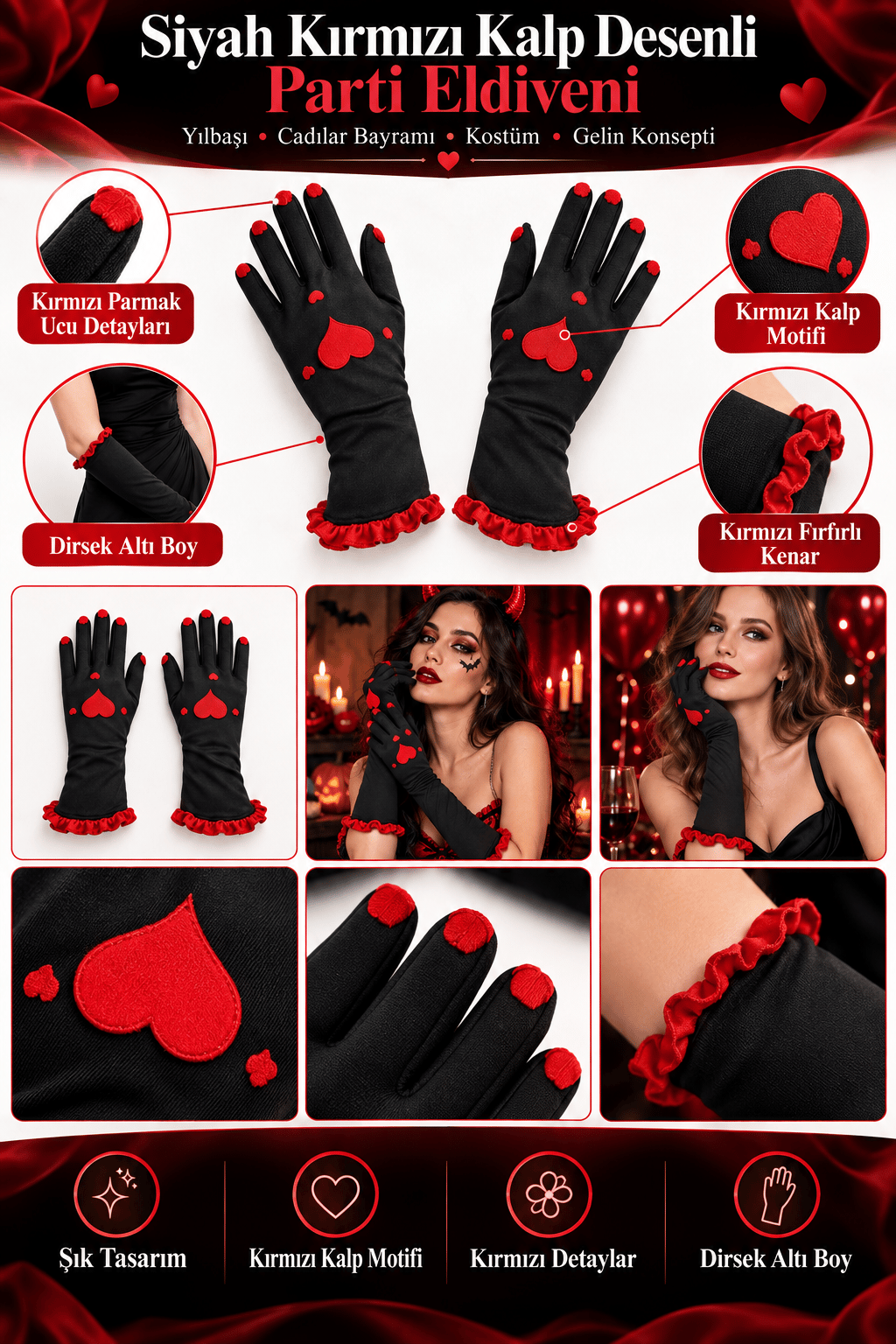 Uzun Parti Eldiveni Siyah Kırmızı Kalp Desenli kostüm yılbaşı halloween bride
