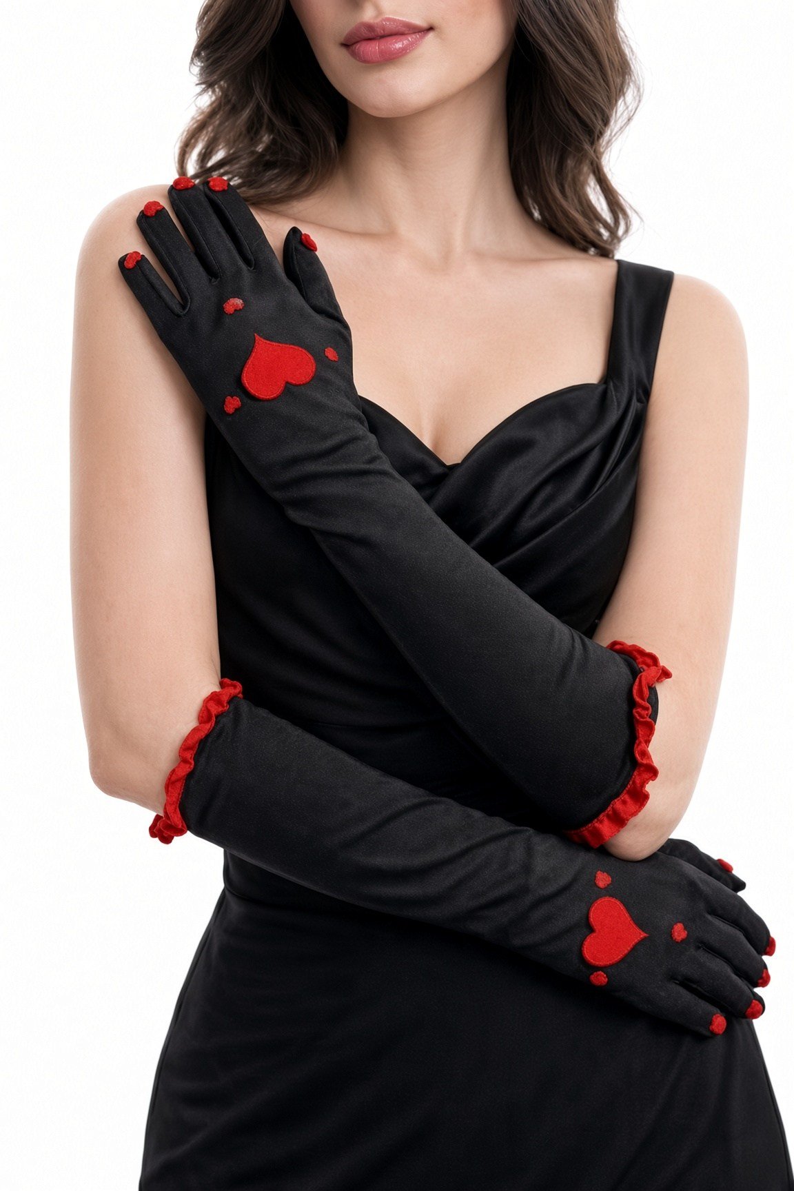 Uzun Parti Eldiveni Siyah Kırmızı Kalp Desenli kostüm yılbaşı halloween bride
