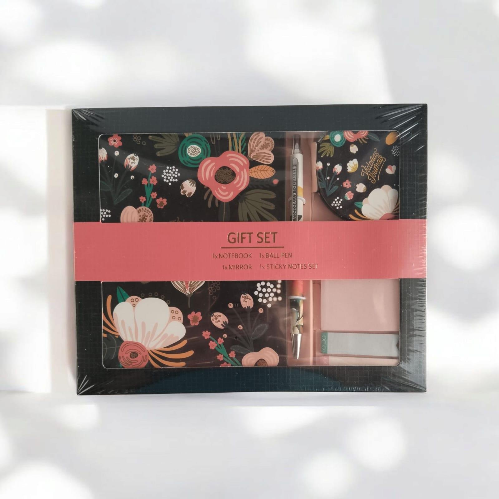 Victoria's Journals Hediye seti13*18 128 sayfa defter + ayna+ tüken. kalem ve 4 lü post it seti siyah zemin çiçek desenli