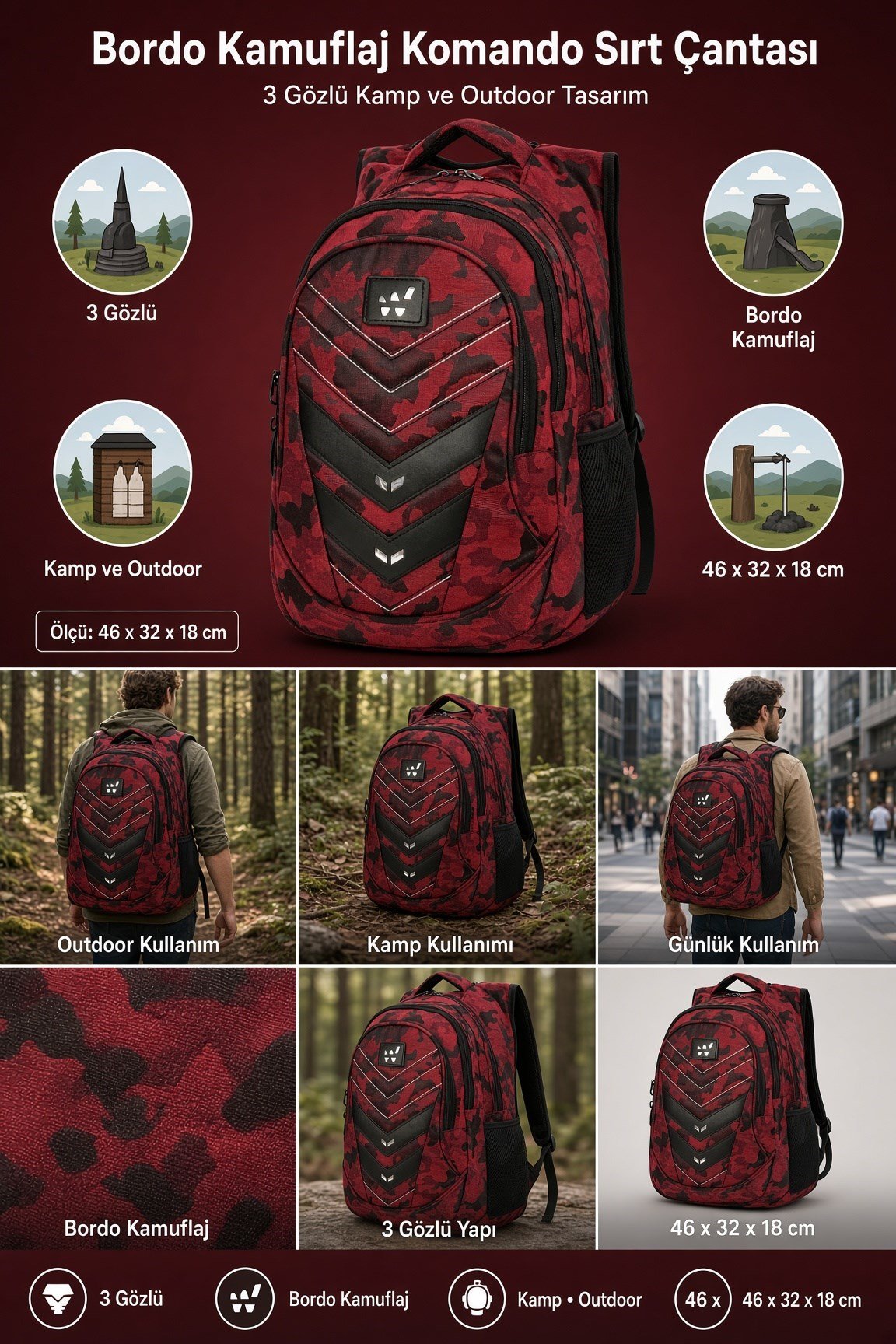 Waddell Sırt Çantası Kamuflaj 3052 BORDO