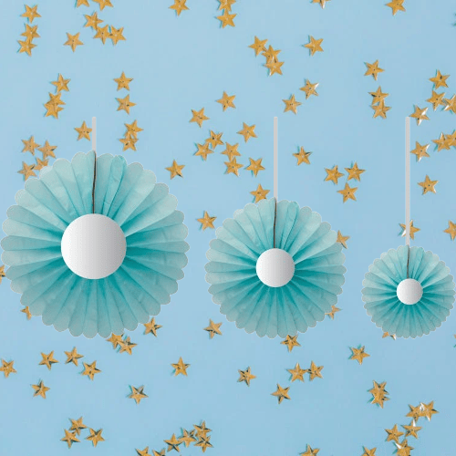 Yelpaze Süs Mavi Papatya 3lü set Ortası Gold Varaklı 20-30-40cm Doğum günü Baby Shower